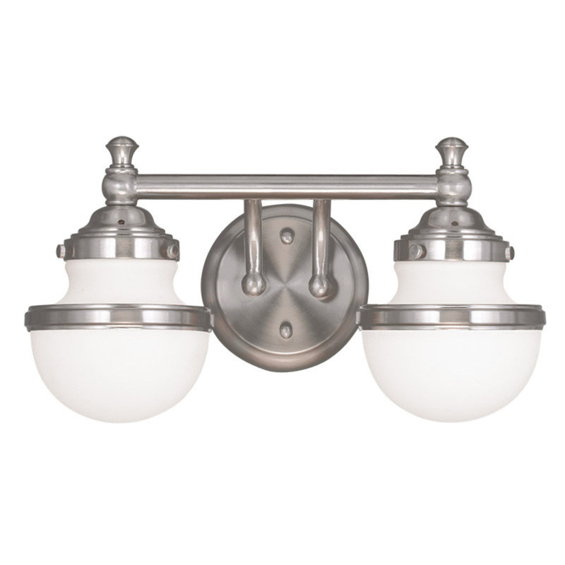 Sleek Industrial Brushed Nickel 2-Light Vanity with Satin Opal White Glass