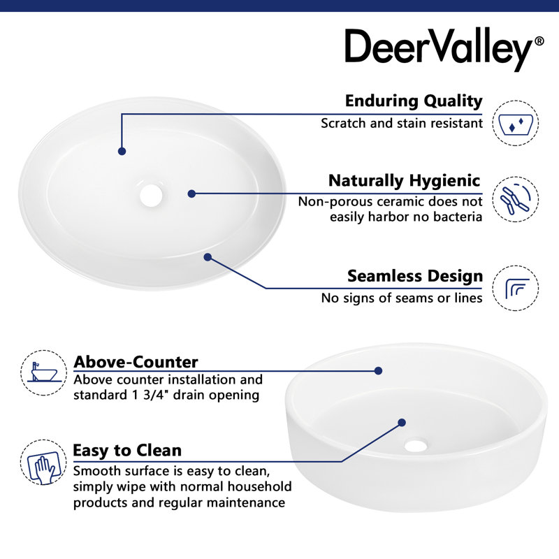 White Ceramic Oval Vessel Bathroom Sink, 19.7"