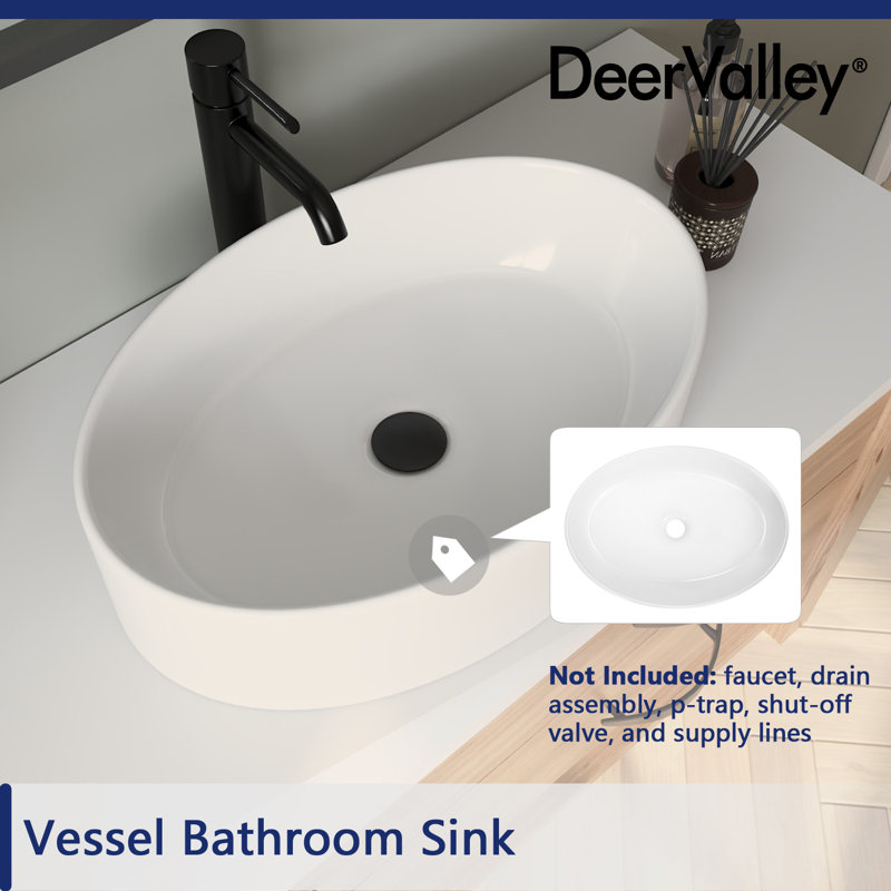 White Ceramic Oval Vessel Bathroom Sink, 19.7"