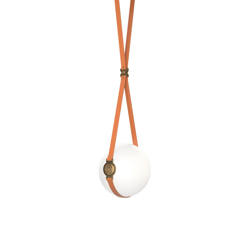 Antique Brass LED Globe Pendant with Opal Glass & Brown Leather Straps