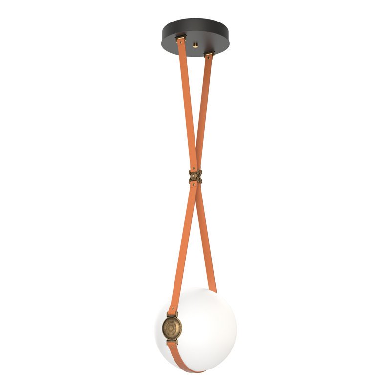 Antique Brass LED Globe Pendant with Opal Glass & Brown Leather Straps