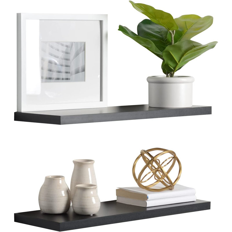 Black Wood Ultra Slim Floating Wall Shelves, 24" Set of 2