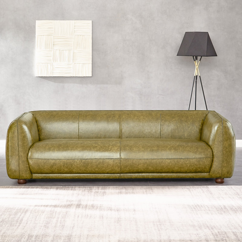 Green Genuine Leather Sofa with Solid Wood Frame