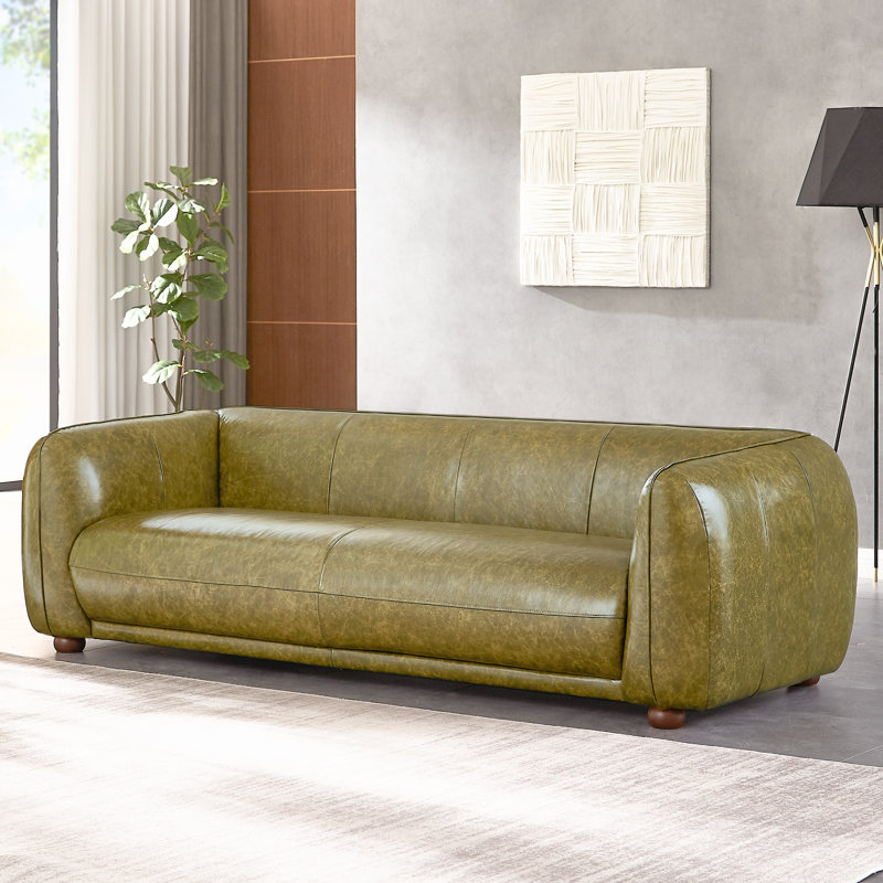 Green Genuine Leather Sofa with Solid Wood Frame