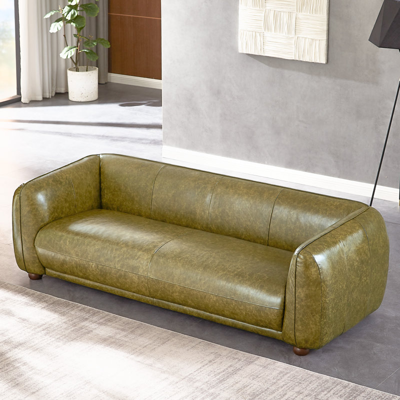 Green Genuine Leather Sofa with Solid Wood Frame