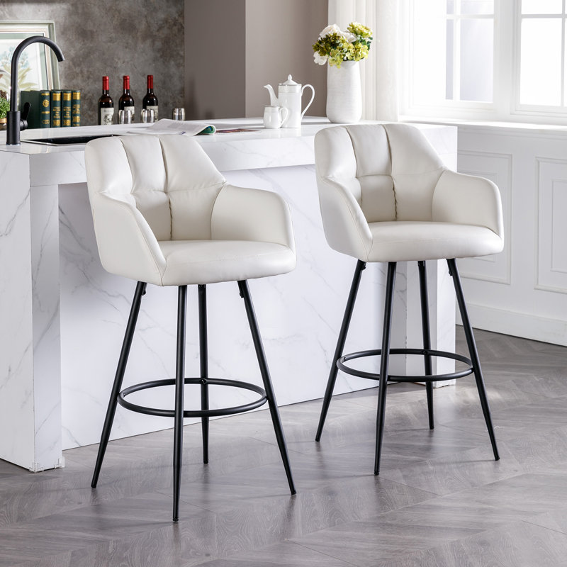 Beige PU Leather Swivel Bar Stools with Iron Legs, Set of 2