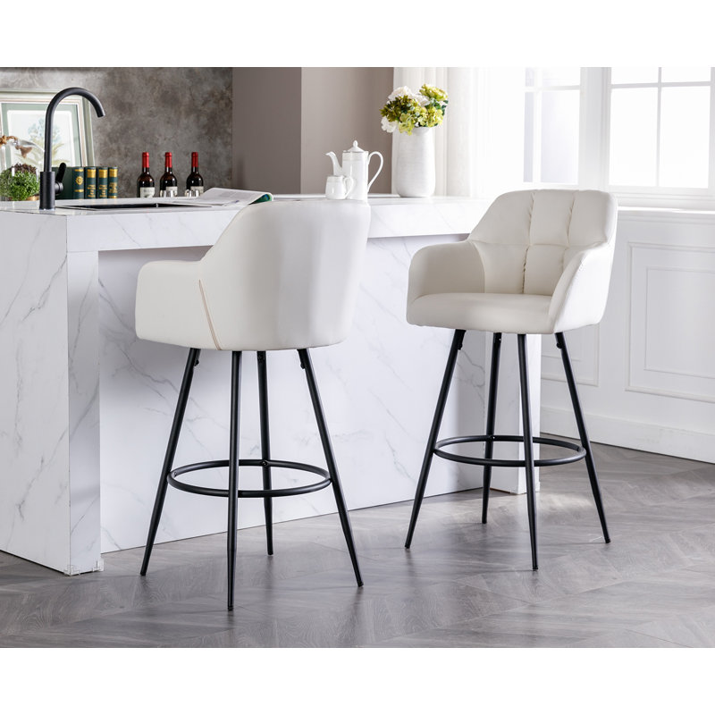 Beige PU Leather Swivel Bar Stools with Iron Legs, Set of 2