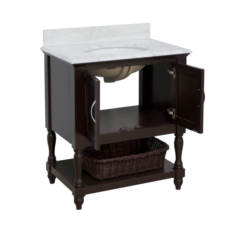Chocolate Pine 30'' Single Bathroom Vanity with Carrara Marble Top