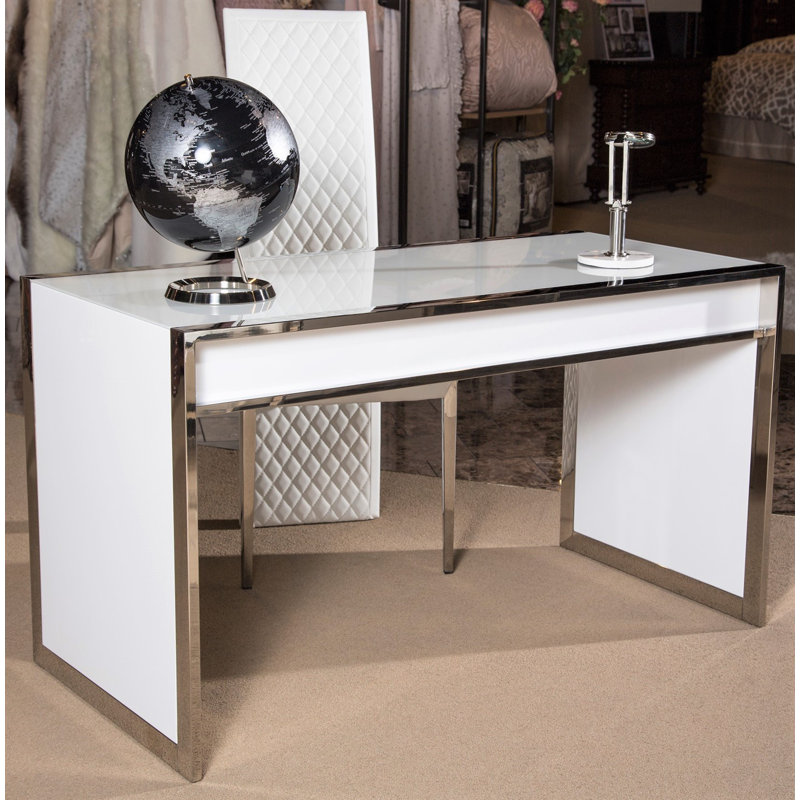 White and Silver Glass Home Office Desk with Drawers