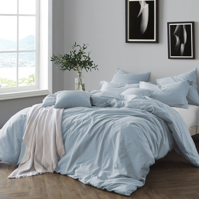 Chambray Blue Cotton Crinkle Washed Full/Queen Duvet Cover Set