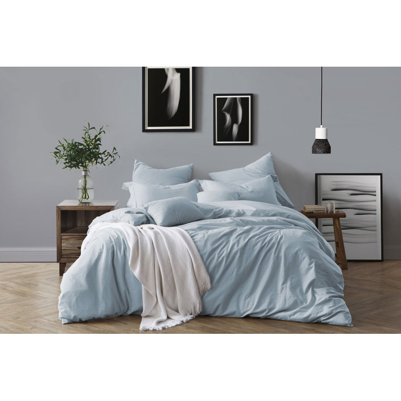 Chambray Blue Cotton Crinkle Washed Full/Queen Duvet Cover Set
