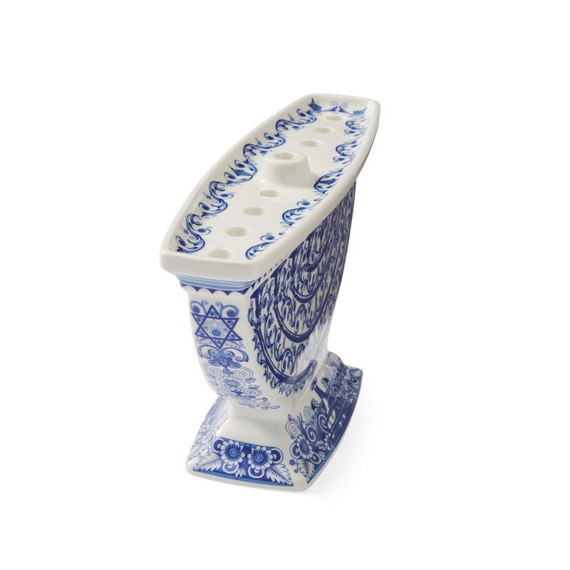 Sapphire Blue Ceramic Baroque Print Menorah