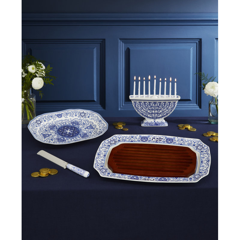 Sapphire Blue Ceramic Baroque Print Menorah