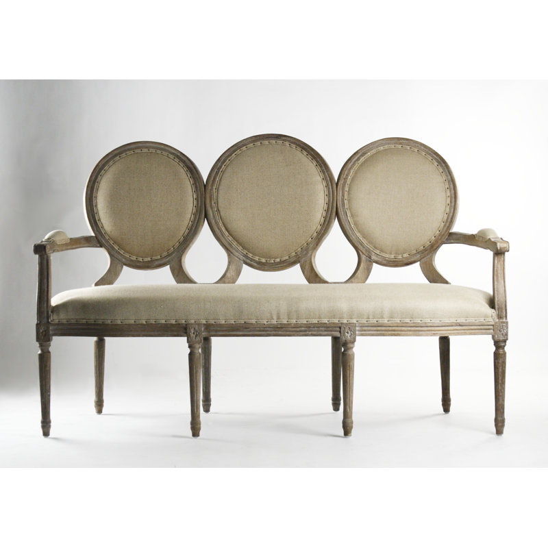 Hemp Linen Limed Gray Oak Settee with Nailhead Trim