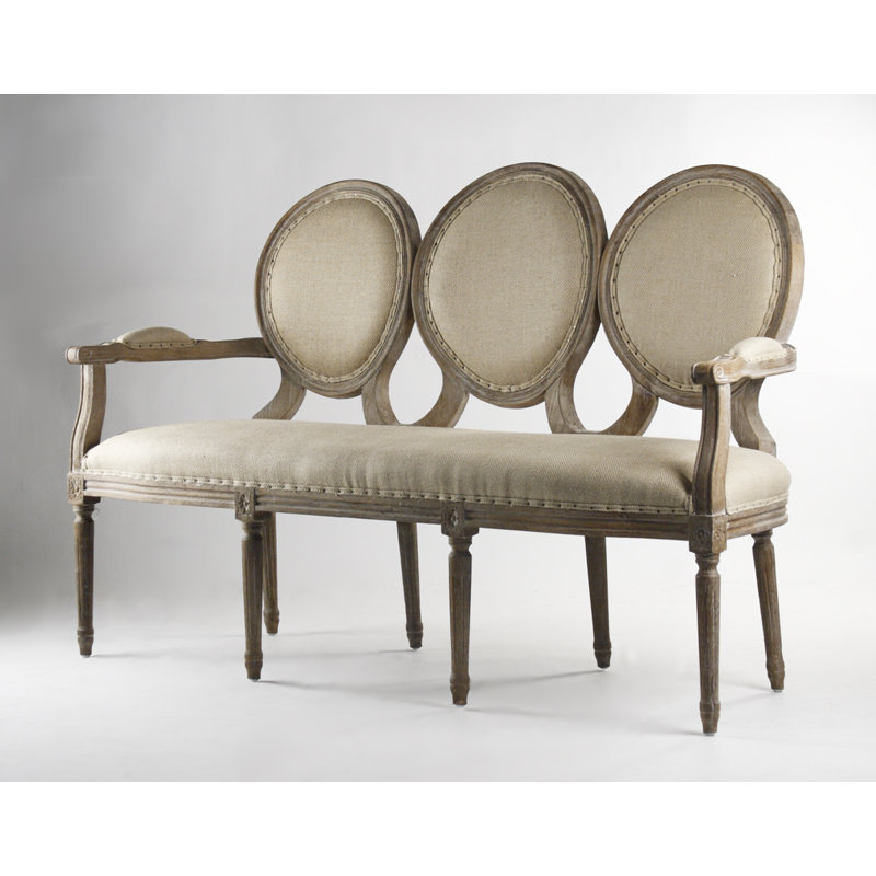 Hemp Linen Limed Gray Oak Settee with Nailhead Trim