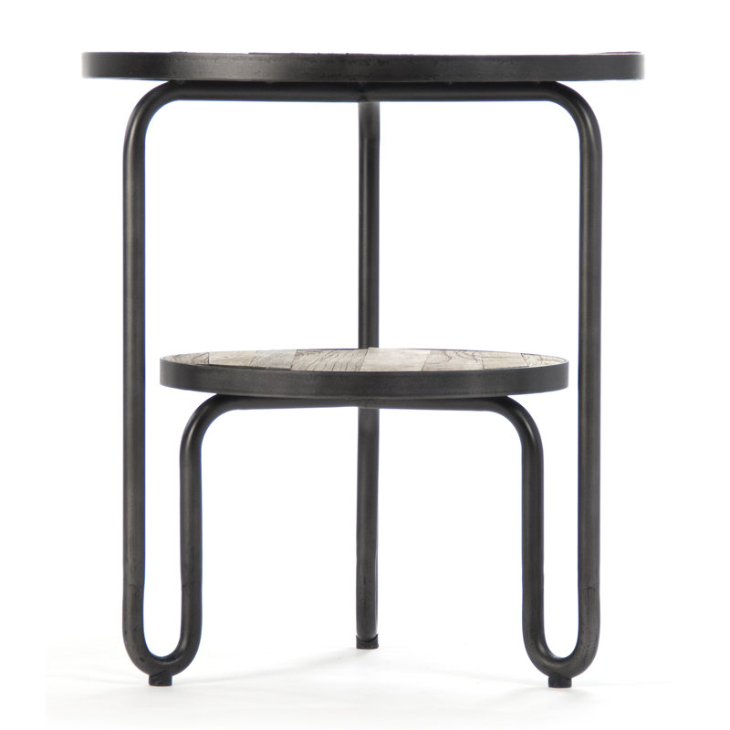 Alberta Round Natural Wood and Metal End Table with Storage Shelf