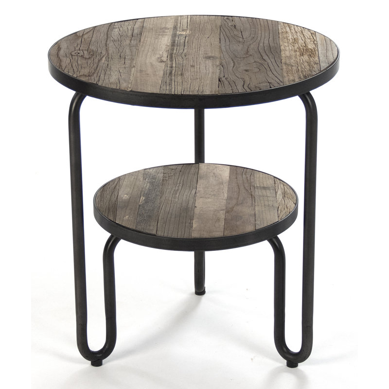 Alberta Round Natural Wood and Metal End Table with Storage Shelf