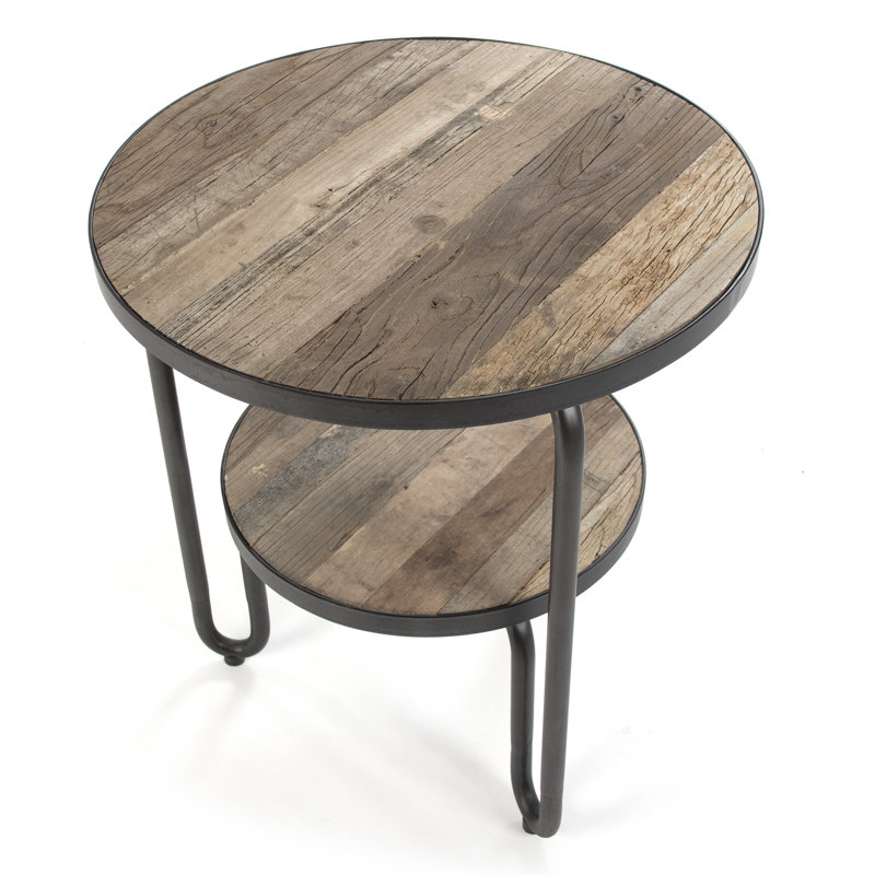 Alberta Round Natural Wood and Metal End Table with Storage Shelf