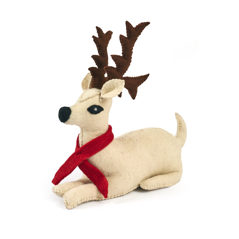 Hand-Felted Wool Reindeer Floor Stop with Red Scarf