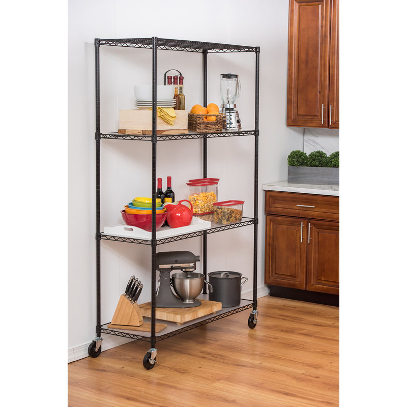Trinity 4-Tier Black Steel Wire Shelving Unit on Wheels, 48x18x72