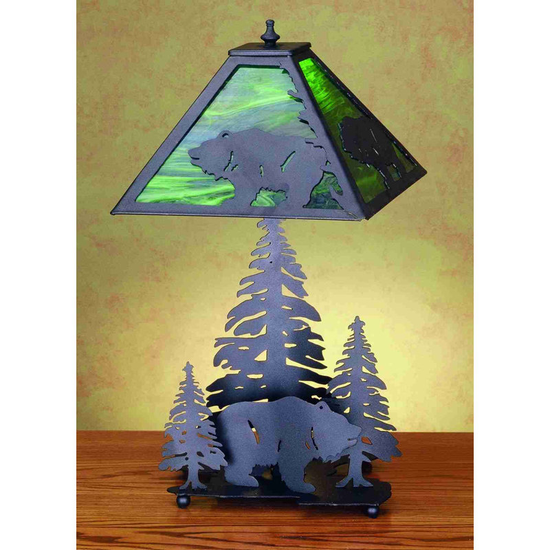 Black Metal and Green Stained Glass Rustic Table Lamp