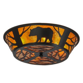 Black Bear Woods 22" Black Steel Flush Mount with Amber Mica Panels