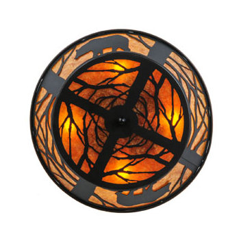 Black Bear Woods 22" Black Steel Flush Mount with Amber Mica Panels