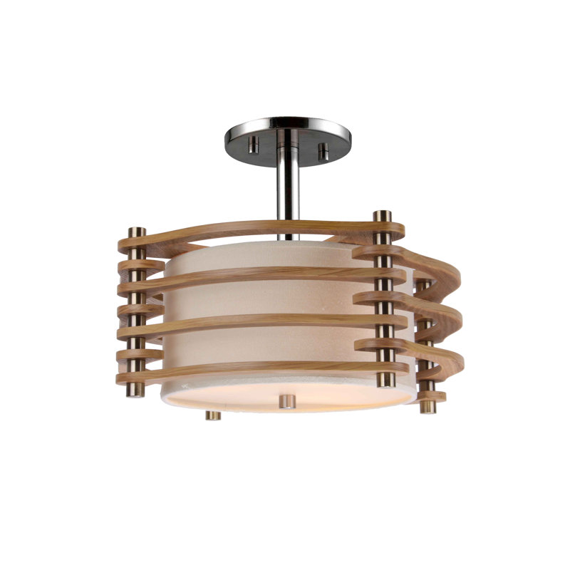 17" Satin Nickel and Ash Wood Semi Flush Mount Light