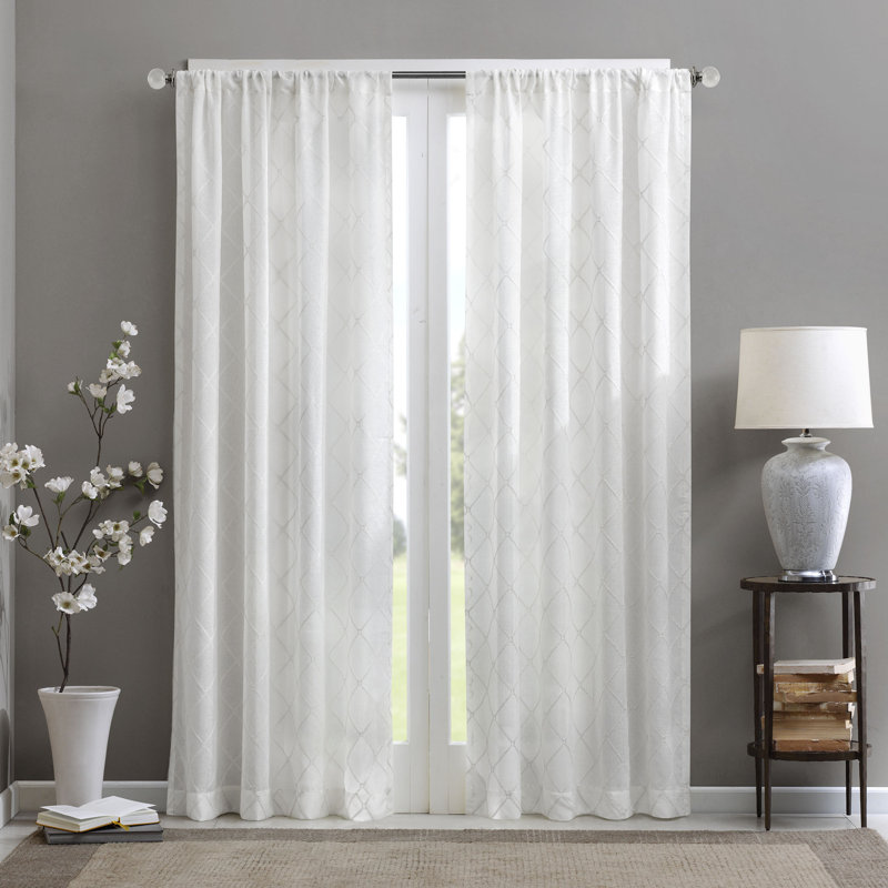 White Sheer Embroidered Rod Pocket Curtain Panel