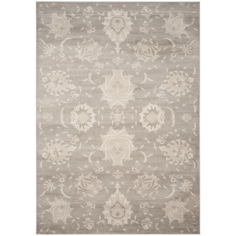 Elegant Grey Ivory 5' x 7' Viscose Synthetic Floral Area Rug