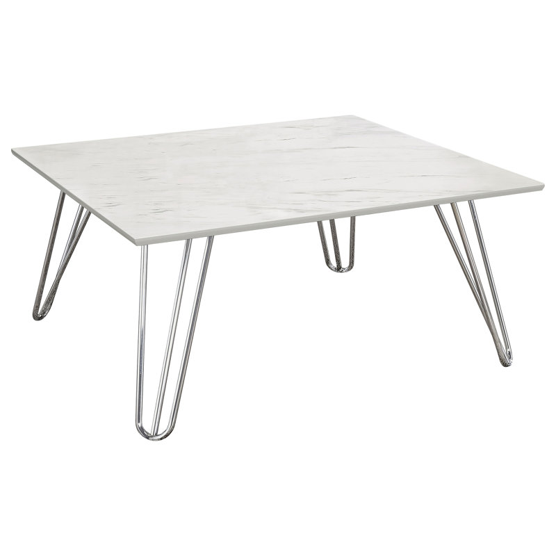 Contemporary White Faux Marble 24" Square Coffee Table with Chrome Hairpin Legs
