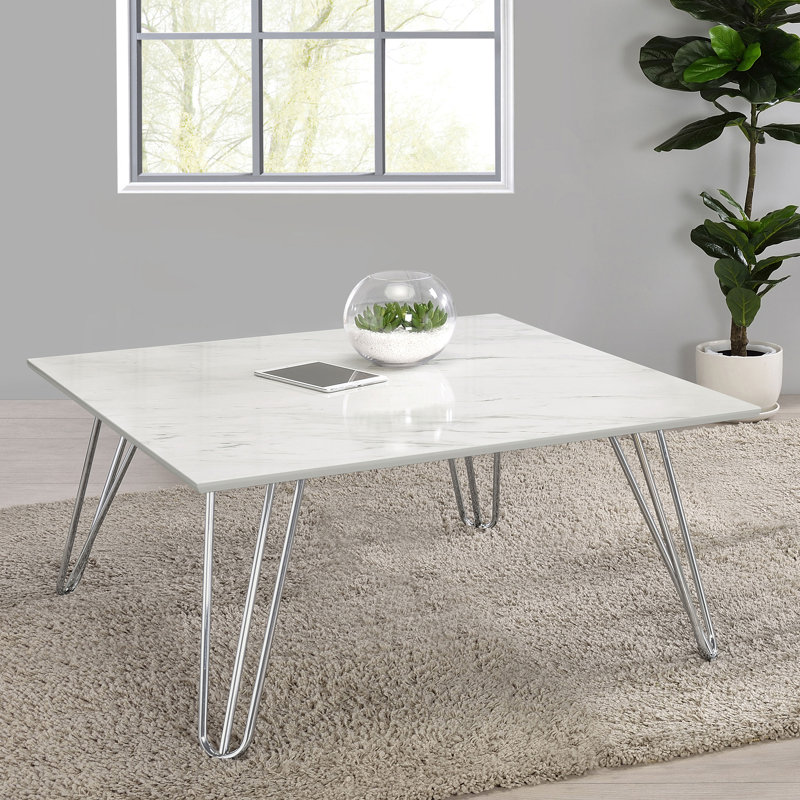 Contemporary White Faux Marble 24" Square Coffee Table with Chrome Hairpin Legs