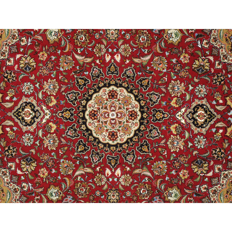 Hand-Knotted Red Floral Wool and Silk Area Rug