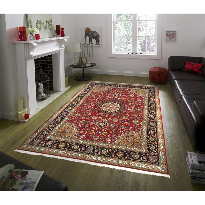 Hand-Knotted Red Floral Wool and Silk Area Rug