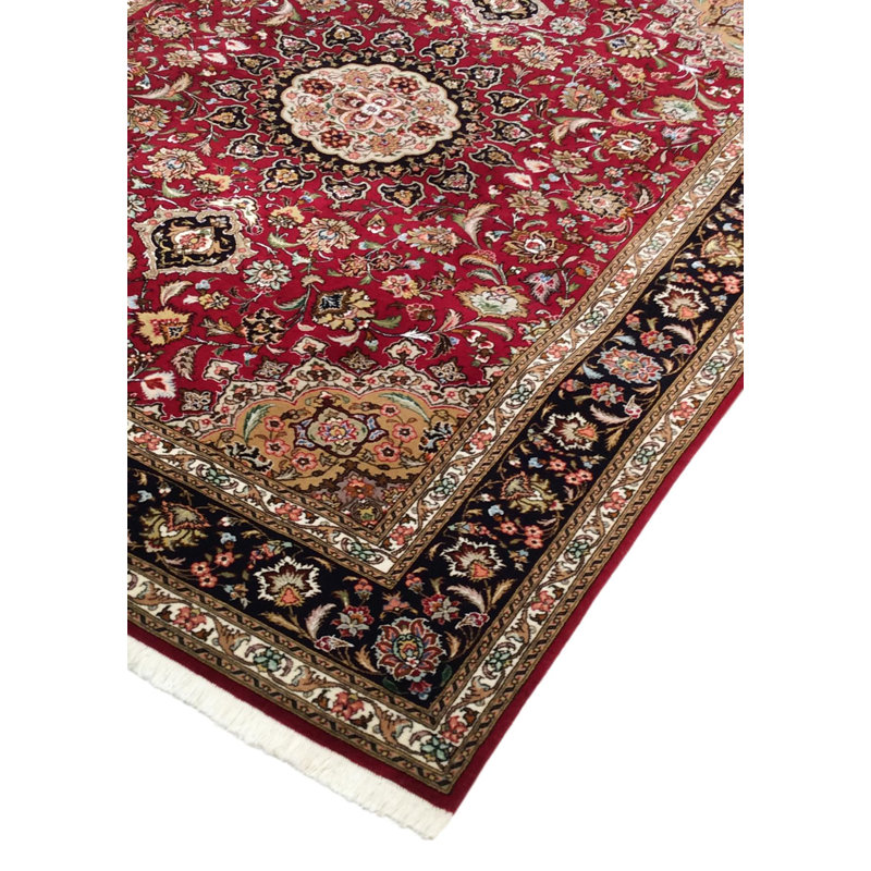 Hand-Knotted Red Floral Wool and Silk Area Rug