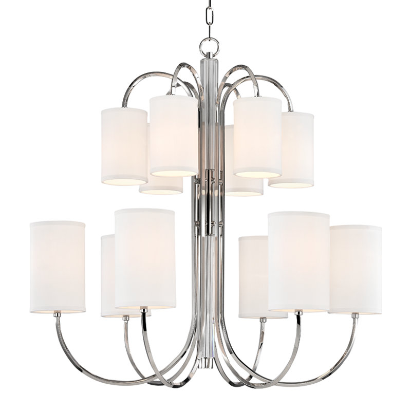 Polished Nickel 12-Light Tiered Chandelier with Silk Shades