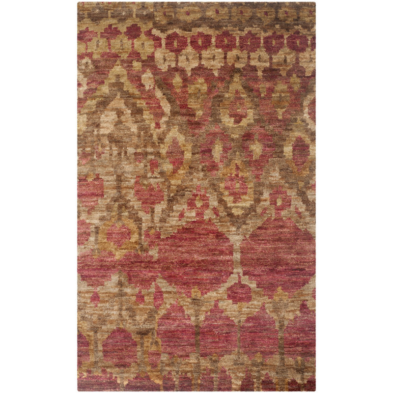 Hand-Knotted Red Ikat Print Bohemian Area Rug
