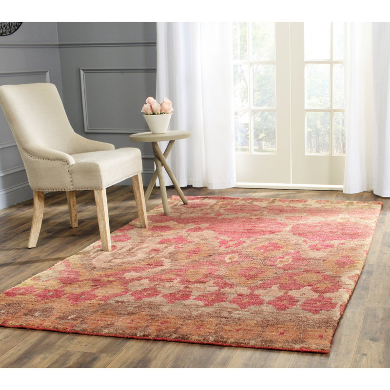 Hand-Knotted Red Ikat Print Bohemian Area Rug