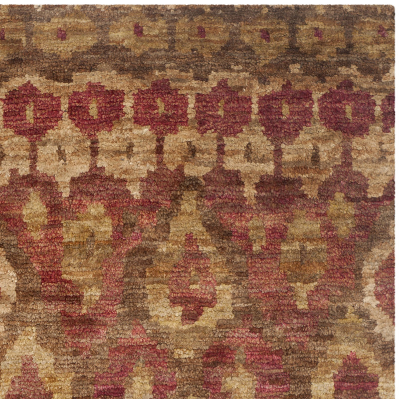 Hand-Knotted Red Ikat Print Bohemian Area Rug