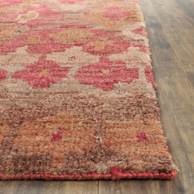 Hand-Knotted Red Ikat Print Bohemian Area Rug