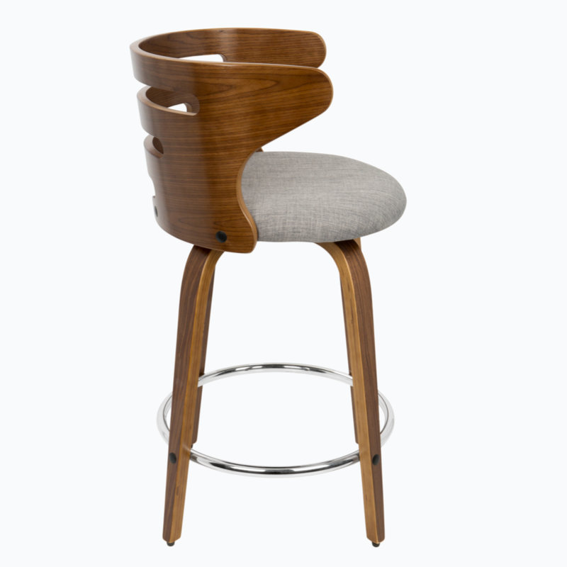 Mid-Century Modern Gray Swivel Counter Stool with Wood and Metal