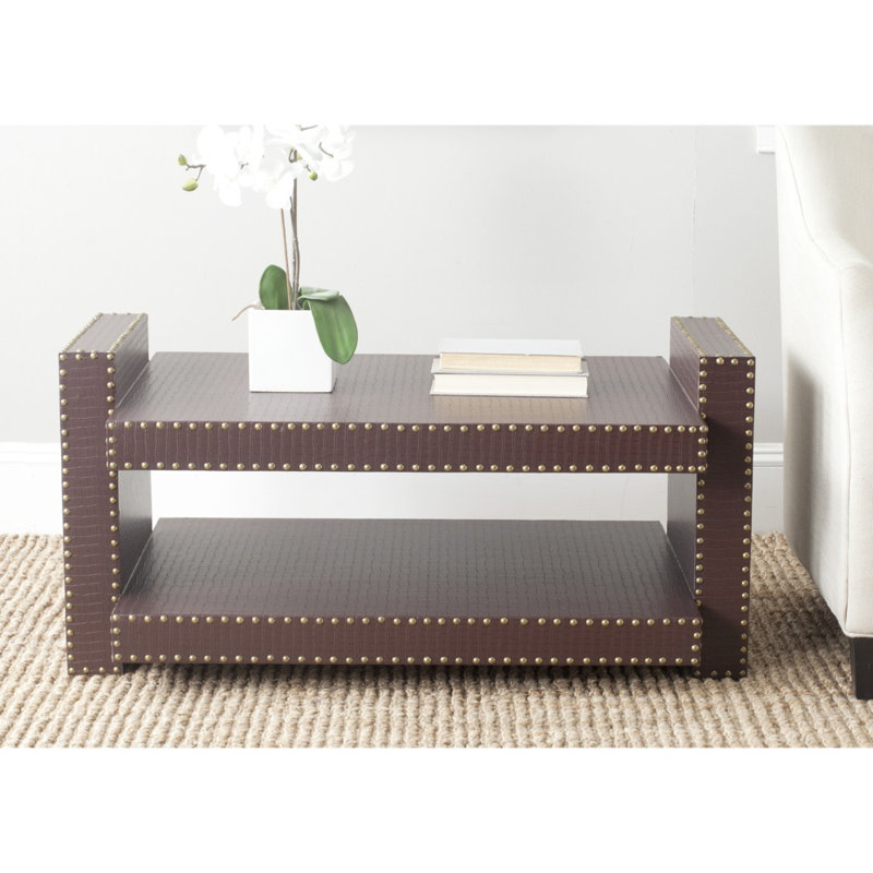 Transitional Rectangular Brown Wood Coffee Table with Nailhead Accents
