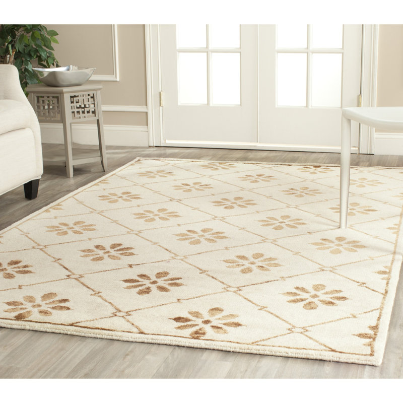 Hand-Knotted Gray Wool and Viscose Geometric Rug