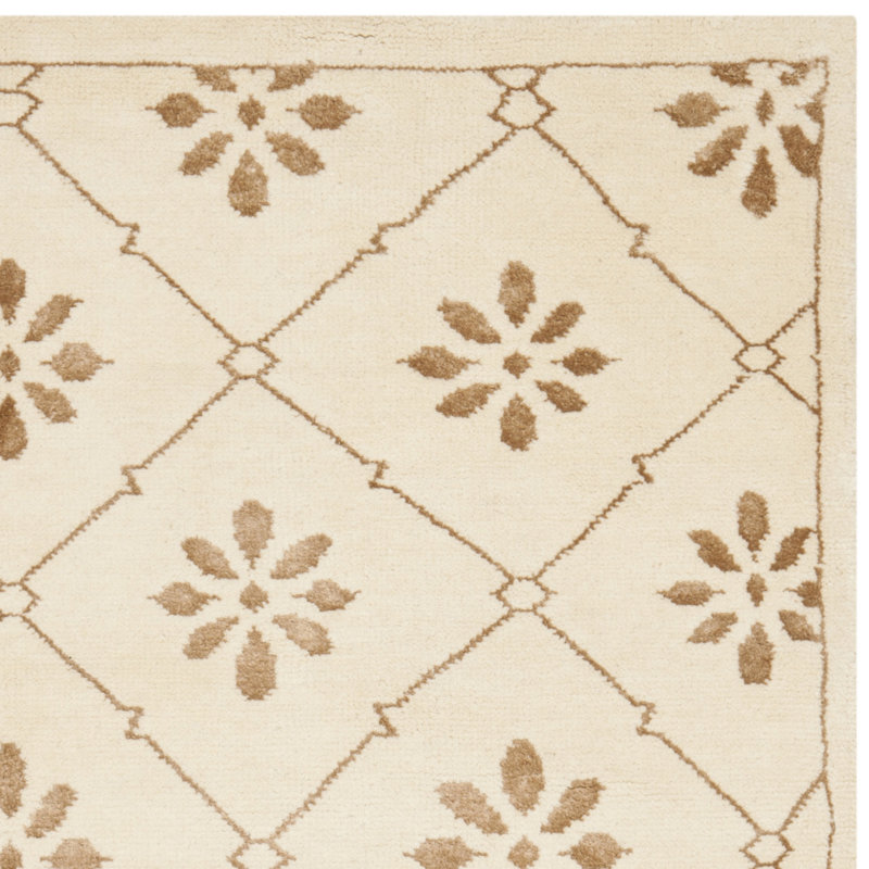 Hand-Knotted Gray Wool and Viscose Geometric Rug