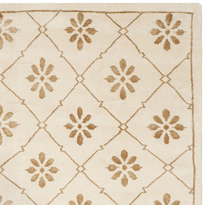 Hand-Knotted Gray Wool and Viscose Geometric Rug