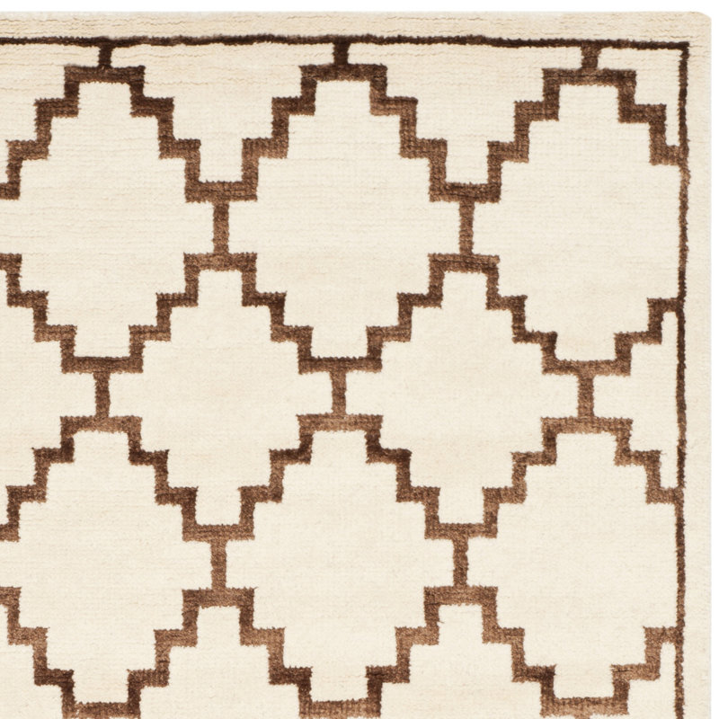 Ivory and Brown Hand-Knotted Wool Geometric Rug, 4' x 6'