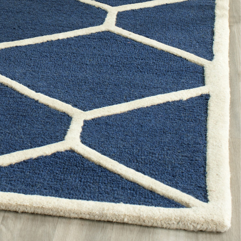 Navy Blue & Ivory Wool 4'x6' Hand-Tufted Geometric Rug