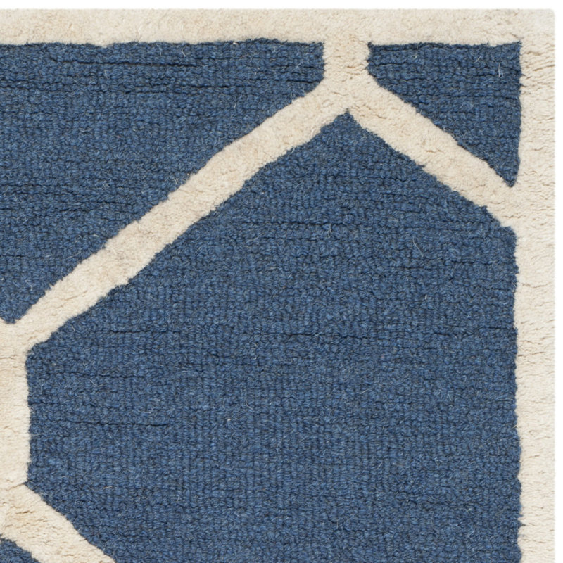 Navy Blue & Ivory Wool 4'x6' Hand-Tufted Geometric Rug
