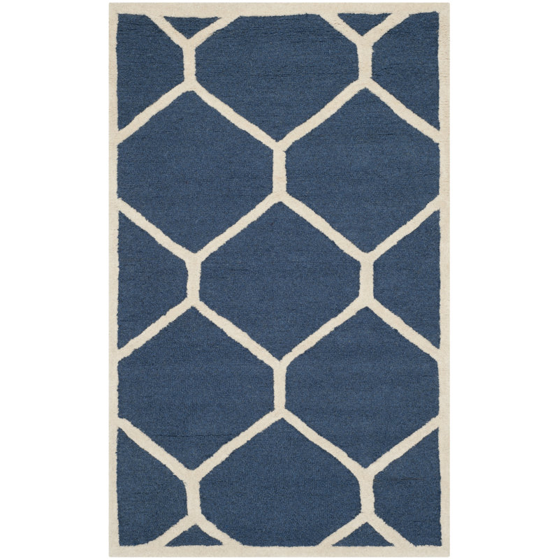 Navy Blue & Ivory Wool 4'x6' Hand-Tufted Geometric Rug