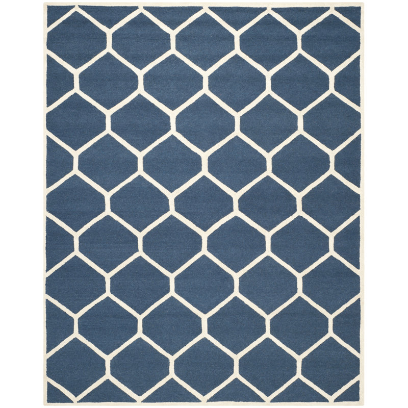 Navy Blue & Ivory Wool 4'x6' Hand-Tufted Geometric Rug